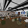 Modern Internet Cafe Interior With Computers Comfortable Seating Brick Walls And Decorative Shelves 3d model