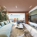 Elegant Modern Living and Dining Room Interior With Light Blue Sofa And Marble Coffee Table