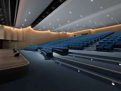 School Auditorium with Blue Tiered Seats Wooden Stage and Ceiling Lighting 3d model