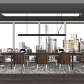 Modern Conference Room With Long Table Chairs Pendant Lights And City View Through Large Windows