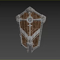 Medieval Weapon Shield With Wooden Body Metal Accents Circular Center And White Wing Patterns