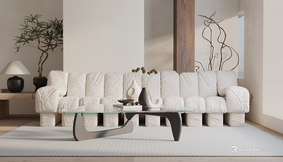 Modern White Textured Sofa And Glass Top Black Frame Coffee Table Set With Decorative Plants 3d model 