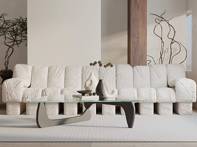 Modern White Textured Sofa And Glass Top Black Frame Coffee Table Set With Decorative Plants 3d model