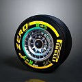 Car Wheel With Pirelli Zero Tire Featuring Yellow R+ SCS Markings And Silver Rim