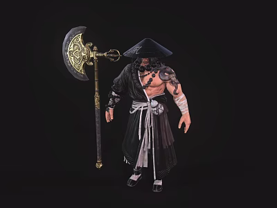 Muscular Warrior In Black Robe With Conical Hat Holding Large Axe With Golden Patterns 3d model