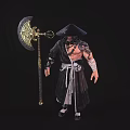 Muscular Warrior In Black Robe With Conical Hat Holding Large Axe With Golden Patterns 3d model
