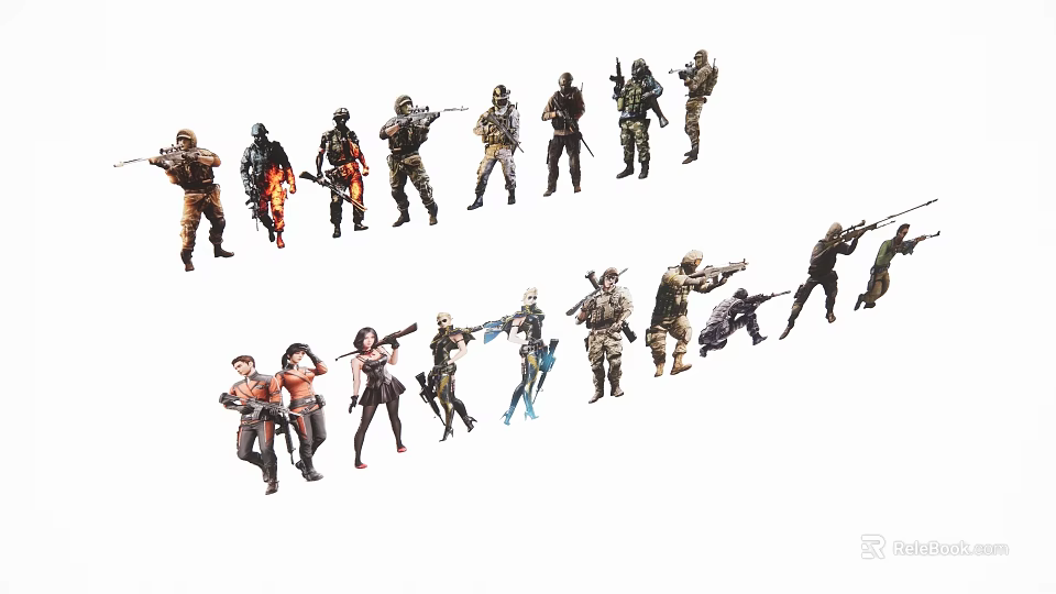 Multiple People Action Figures In Various Dynamic Poses With Different Costumes And Weapons 3d model