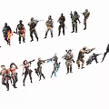 Multiple People Action Figures In Various Dynamic Poses With Different Costumes And Weapons 3d model