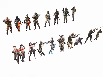 Multiple People Action Figures In Various Dynamic Poses With Different Costumes And Weapons 3d model