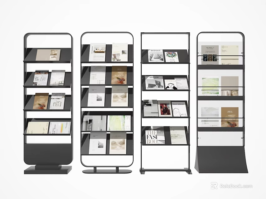 Modern Bookshelf Design With Metal Frame And Books Magazines Storage In Various Styles 3d model 
