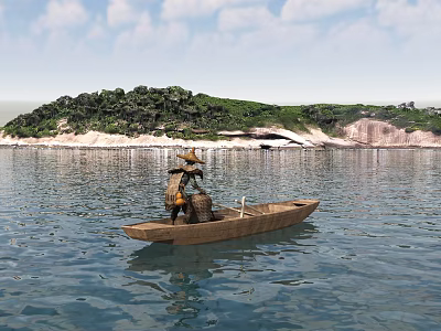 Tranquil Waterfront Landscape With Wooden Boat Figure Green Island And Sandy Beach 3d model