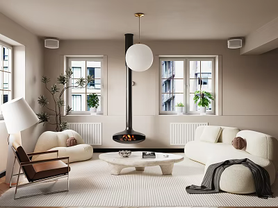 Cozy Modern Living Room Interior Design With White Sofa Black Fireplace And Round Pendant Light 3d model