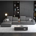 Grey Leather L shaped Sofa and Coffee Table Set with Throw Pillows and Decorative Shelves