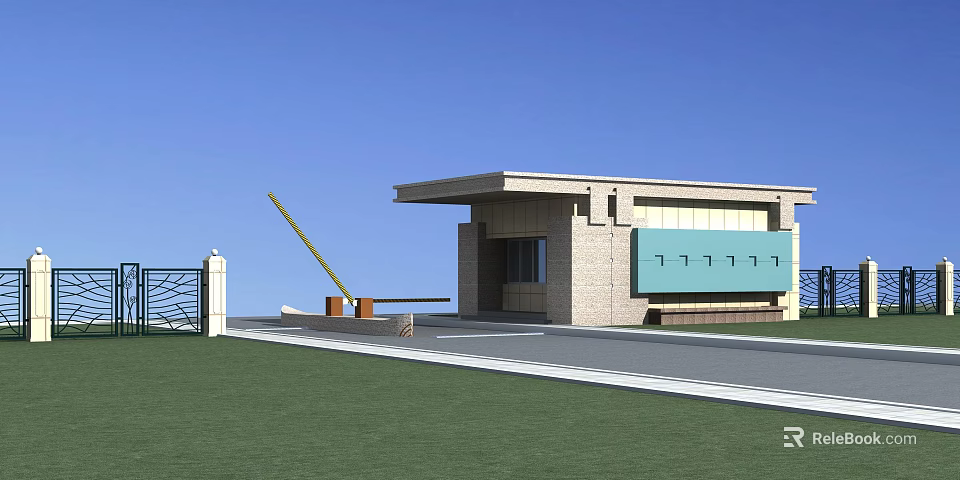 Modern Entrance Gate Building Exterior With Turquoise Panel Brick Wall And Canopy Lawn Driveway 3d model 