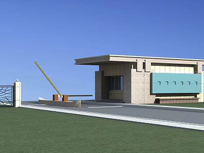 Modern Entrance Gate Building Exterior With Turquoise Panel Brick Wall And Canopy Lawn Driveway 3d model