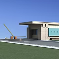 Modern Entrance Gate Building Exterior With Turquoise Panel Brick Wall And Canopy Lawn Driveway
