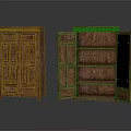 Vintage Wooden Cabinets Display Carved Details With One Closed And Open Design Featuring Internal Shelves