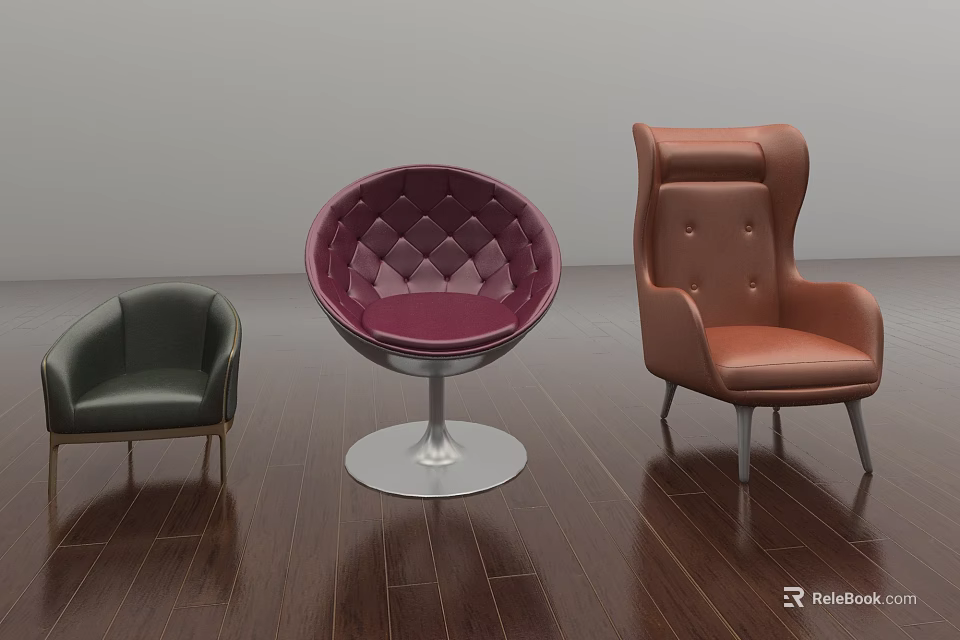 Multi Colored Accent Chairs With Button Tufted Leather Curved Design Metal Base On Wooden Floor 3d model 