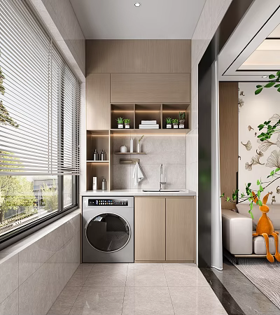 Home Balcony Interior Design With Washing Machine Storage Cabinets Window Blinds And Green Plants 3d model