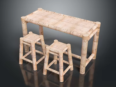 Natural Wooden Bar Counter With Woven Top And Matching Bar Stools Design 3d model
