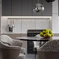 Modern Kitchen Interior with Gray Cabinets Marble Walls Blinds Faucet Green Apples and Patterned Chairs