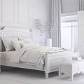 Double Bed with Wooden Headboard Colorful Pillows Striped Blanket Bedside Table and Footstool