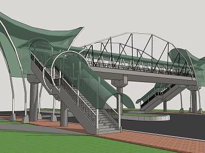 Modern Pedestrian Bridge Design With Green Canopy Steel Frame And Staircase 3d model