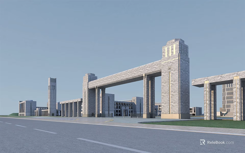 Modern Stone Entrance Gate With Tall Columns And Open Plaza Road 3d model 