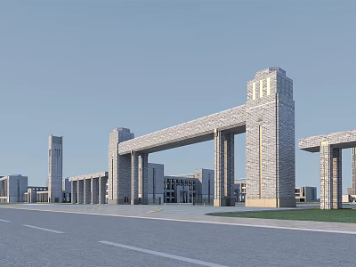 Modern Stone Entrance Gate With Tall Columns And Open Plaza Road 3d model