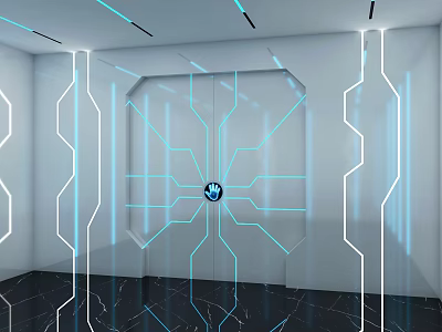 Futuristic Double Doors Design With Blue Light Accents And Geometric Patterns In Modern Interior 3d model