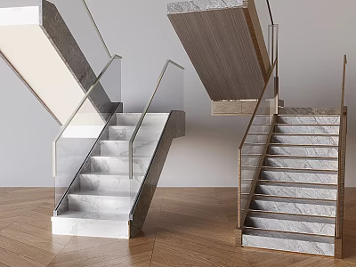 Modern Stairs Design With Marble Steps And Glass Metal Railings 3d model