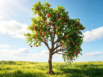 Arbor With Green Leaves And Red Fruits In Green Meadow Under Blue Sky And Sunlight 3d model