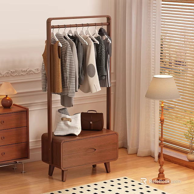Stylish Indoor Clothes Rack With Hanging Garments On Wooden Cabinet Featuring Bags And Table Lamp 3d model 