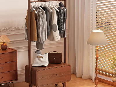 Stylish Indoor Clothes Rack With Hanging Garments On Wooden Cabinet Featuring Bags And Table Lamp 3d model