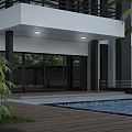Modern Detached Villa with Outdoor Terrace Swimming Pool White Sofas Wooden Deck and Palm Trees