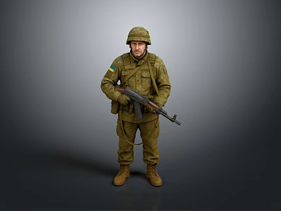 Ukrainian Soldier In Military Uniform With Helmet And Rifle Standing On Gray Background 3d model