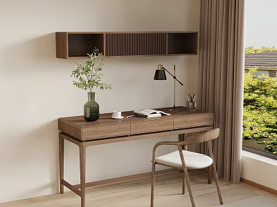 Modern Wooden Desk and Chair Set for Home Office with Lamp Plant and Books 3d model