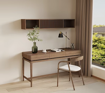 Modern Wooden Desk and Chair Set for Home Office with Lamp Plant and Books 3d model