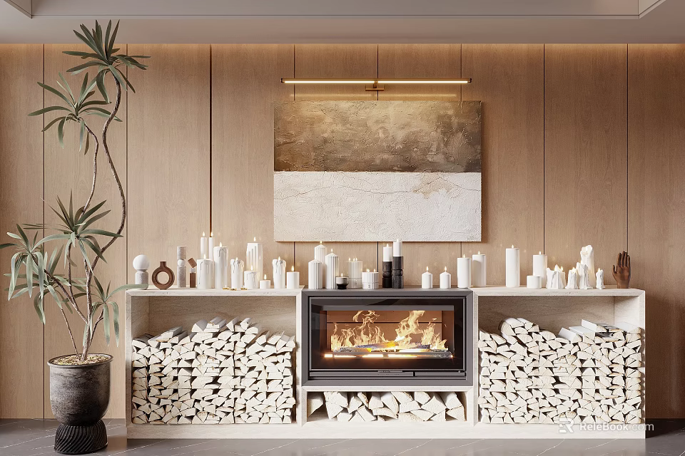 Burning Fireplace With Stacked Firewood Large Painting White Candles And Green Plant In Warm Interior 3d model 