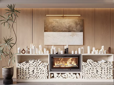 Burning Fireplace With Stacked Firewood Large Painting White Candles And Green Plant In Warm Interior 3d model