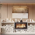 Burning Fireplace With Stacked Firewood Large Painting White Candles And Green Plant In Warm Interior
