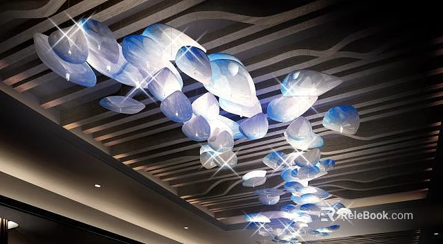 Unique Abstract Chandelier With Curved Petal Design For Modern Interior Ceiling 3d model 