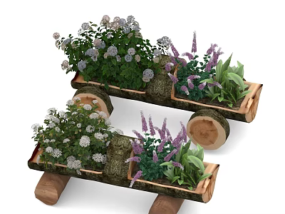 Wooden Garden Planters With Log Wheels Featuring White Purple Flowers And Green Plants 3d model