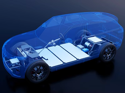 Detailed View Of Electric Vehicle Chassis With Battery Pack And Frame Parts 3d model