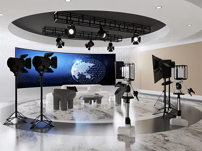 Public Office Space Circular Layout With Lighting Equipment Large Screen World Map Sofa And Table 3d model