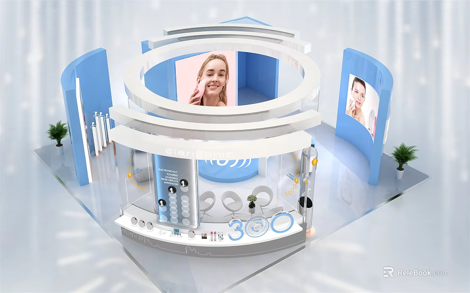 Modern Circular Exhibition Booth With Blue White Design Product Display Digital Screens And Green Plants 3d model 