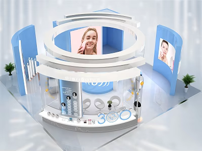 Modern Circular Exhibition Booth With Blue White Design Product Display Digital Screens And Green Plants 3d model