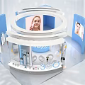 Modern Circular Exhibition Booth With Blue White Design Product Display Digital Screens And Green Plants