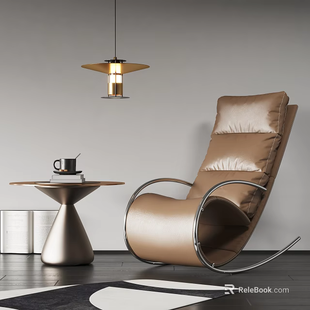 Brown Leather Lounge Chair With Metal Frame Side Table Coffee Cup And Book 3d model 