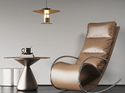 Brown Leather Lounge Chair With Metal Frame Side Table Coffee Cup And Book 3d model